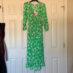 NWT RIXO Green Daisy Maxi Wrap Dress